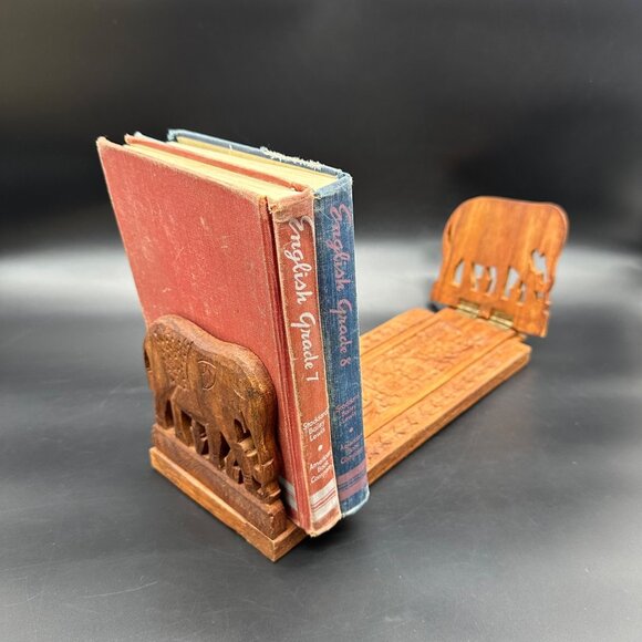 Vintage Book Slide Bookend Carved Wooden Elephant Bohemian Retro Boho India - Picture 1 of 11